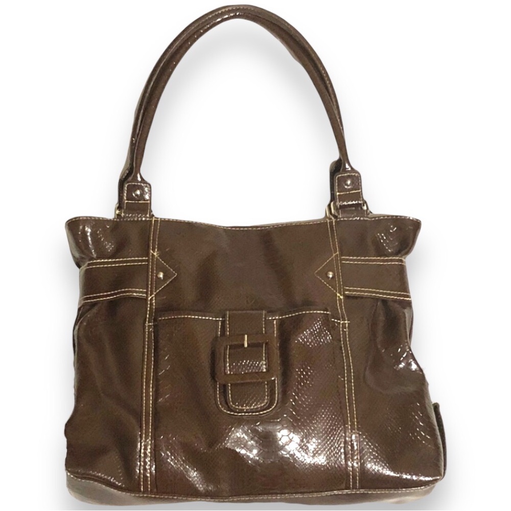 Faux Alligator Brown Handbag Two Handles Purse Shoulder Bag Pockets Orga…